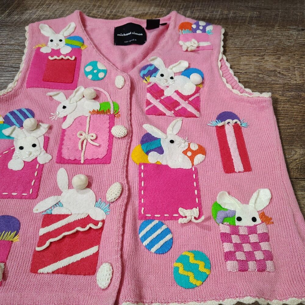 Michael Simon Womens Easter Bunny Sweater Vest Size S Egg Novelty Kitsch Spring - Picture 13 of 13